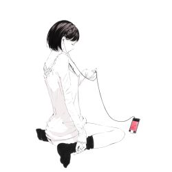 Rule 34 | 1girl, bad id, bad pixiv id, bottomless, closed eyes, digital media player, earbuds, earphones, female focus, full body, ipod, monochrome, partially colored, short hair, simple background, sitting, solo, sousou (sousouworks), spot color, white background