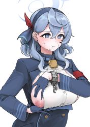 Rule 34 | 1girl, absurdres, ako (blue archive), bell, blue archive, blue eyes, blue gloves, blue hair, blush, breasts, earrings, gloves, hairband, halo, highres, jewelry, long hair, neck bell, nipples, sideboob, simple background, solo, sweat, ushimochi, white background