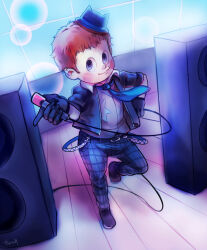 Rule 34 | 1boy, alternate costume, animal ear headphones, animal ears, belt, belt buckle, black belt, black eyes, black footwear, black gloves, black jacket, blue hat, blue necktie, blue pants, blush stickers, bubble, buckle, cable, cat ears, closed mouth, collared shirt, commentary, danganronpa (series), danganronpa v3: killing harmony, english commentary, fake animal ears, full body, gloves, grey vest, hand on own hip, hat, headphones, high collar, highres, holding, holding microphone, hoshi ryoma, idol, jacket, leather, leather jacket, loiodg, looking at viewer, male focus, microphone, mini hat, necktie, open clothes, open jacket, orange hair, pants, plaid, plaid pants, shirt, shoes, short hair, short sleeves, smile, solo, speaker, stage, star (symbol), star print, vest, white shirt, wooden floor, zipper, zipper pull tab