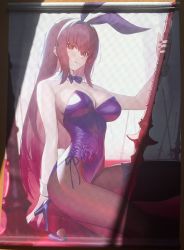Rule 34 | 1girl, animal ears, breasts, cleavage, fake animal ears, fate/grand order, fate (series), fishnet pantyhose, fishnets, from side, gae bolg (fate), hanging scroll, high heels, highres, lance, large breasts, leotard, licking lips, light rays, long hair, looking at viewer, nail polish, official alternate costume, pantyhose, photo (medium), playboy bunny, polearm, purple footwear, purple hair, purple nails, purple neckwear, rabbit ears, red eyes, scathach (fate), scathach (piercing bunny) (fate), scroll, sidelocks, siino, solo, squatting, tongue, tongue out, weapon