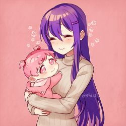 Rule 34 | 2girls, ^ ^, aged down, baby, closed eyes, commentary request, doki doki literature club, grey shirt, hair between eyes, hair ornament, hairclip, holding baby, long hair, long sleeves, looking at viewer, multiple girls, nan (gokurou), natsuki (doki doki literature club), outline, pink background, pink eyes, pink hair, protected link, purple hair, ribbed shirt, shirt, short hair, simple background, smile, time paradox, turtleneck, twitter username, two side up, upper body, white outline, yuri (doki doki literature club)