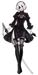 Rule 34 | 1girl, android, black dress, black hairband, black thighhighs, blindfold, boots, cleavage cutout, clothing cutout, dress, feather-trimmed sleeves, full body, gloves, hairband, head tilt, highres, holding, holding weapon, juliet sleeves, katana, long sleeves, mene, mole, mole under mouth, nier:automata, nier (series), open mouth, puffy sleeves, shiny clothes, short hair, side slit, solo, standing, sword, thigh boots, thighhighs, transparent background, two-sided fabric, two-sided skirt, weapon, white hair, 2b (nier:automata)