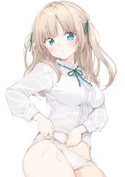 Rule 34 | 1girl, blonde hair, blush, breasts, center frills, closed mouth, commentary, frilled shirt, frilled shirt collar, frills, green eyes, green ribbon, hair ribbon, highres, long hair, looking at viewer, maigoyaki, medium breasts, no pants, original, panties, ribbon, shirt, side-tie panties, simple background, solo, symbol-only commentary, two side up, underwear, white background, white shirt
