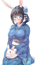 Rule 34 | 1girl, absurdres, animal ears, black hair, blue-framed eyewear, blue kimono, blush, breasts, chinese zodiac, closed mouth, glasses, highres, japanese clothes, kimono, large breasts, long sleeves, looking at viewer, original, rabbit, rabbit ears, rabbit girl, seiza, short hair, side ponytail, simple background, sitting, smile, solo, takahero, white background, year of the rabbit