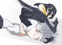 Rule 34 | 1girl, ass, bent over, black footwear, black hair, black jacket, boots, breasts, brick floor, brown eyes, clothing cutout, commentary, drawstring, emperor penguin (kemono friends), from above, grey background, headphones, hood, hood down, hooded jacket, jacket, kemono friends, large breasts, leg up, leotard, long sleeves, orange hair, penguin tail, simple background, solo, split, standing, standing on one leg, standing split, tail, tail through clothes, tanabe (fueisei), thighhighs, white leotard, white thighhighs