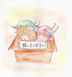 Rule 34 | 2girls, :3, = =, animal ears, box, brown hair, cardboard box, cat ears, cat tail, chen, closed eyes, earrings, for adoption, hat, in box, in container, jewelry, kaenbyou rin, mob cap, multiple girls, multiple tails, nekomata, partially translated, short hair, simple background, smile, tail, touhou, translation request, two tails, ying1hua1