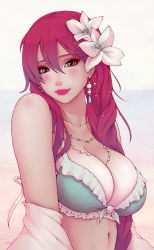 Rule 34 | 1girl, bikini, blue eyes, braid, breasts, cleavage, commentary, earrings, eiyuu densetsu, emma millstein, english commentary, falcom, flower, frilled bikini, frills, hair between eyes, hair flower, hair ornament, jewelry, large breasts, lips, long hair, looking at viewer, navel, necklace, red hair, sen no kiseki, smile, solo, soranamae, swimsuit, upper body, veins, veiny breasts, white background