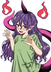 Rule 34 | 1girl, absurdres, blush, clothes writing, green shirt, hair between eyes, highres, horns, long hair, open mouth, pink horns, pointy ears, purple hair, red eyes, sen (daydream 53), shirt, short sleeves, simple background, single horn, solo, tail, tenkajin chiyari, touhou, upper body, white background