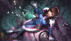 Rule 34 | 1girl, absurdres, acronym, animal print, arm at side, arm cannon, armor, bodysuit, boots, bracer, breasts, breasts apart, brown eyes, brown hair, cable, closed mouth, crossed legs, d.va (overwatch), eyelashes, eyeliner, facepaint, facial mark, from above, gatling gun, gloves, gun, hand up, headphones, highres, legs together, long hair, long sleeves, looking at viewer, makeup, matching hair/eyes, mecha, medium breasts, meka (overwatch), overwatch, overwatch 1, pauldrons, petals, pilot suit, pink lips, rabbit print, ribbed bodysuit, robot, shizen1102, shoulder armor, shoulder pads, signature, sitting, skin tight, solo, thigh boots, thigh strap, thighhighs, turtleneck, water, watermark, weapon, web address, whisker markings, white footwear, white gloves