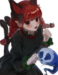 Rule 34 | 1girl, :3, animal ears, b nosk101, black bow, blush, bow, braid, cat ears, cat tail, clenched hands, dress, extra ears, fang, floating skull, ghost, green dress, highres, hitodama, kaenbyou rin, looking at viewer, looking up, multiple tails, paw pose, pointy ears, red eyes, red hair, sketch, skull, slit pupils, solo, tail, touhou, twin braids, two tails, white background