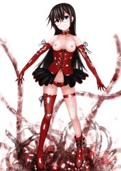 Rule 34 | 1girl, absurdres, asymmetrical legwear, black hair, blue eyes, bondage outfit, breasts, collar, corset, elbow gloves, glasses, gloves, highres, long hair, looking at viewer, navel, nipples, original, panties, shokushi yuu, small breasts, smile, solo, thigh strap, thighhighs, underwear, uneven legwear