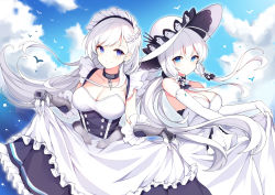 Rule 34 | 2girls, absurdres, apron, azur lane, bad id, bad pixiv id, belfast (azur lane), blue eyes, blue sky, blush, braid, breasts, chain, cleavage, clothes lift, cloud, collar, collarbone, commentary request, day, dress, dress lift, elbow gloves, floating hair, french braid, frills, gloves, hair ornament, hair ribbon, hat, highres, illustrious (azur lane), lace trim, large breasts, long hair, looking at viewer, maid, maid headdress, multiple girls, outdoors, paaru, ribbon, skirt hold, sky, sleeveless, sleeveless dress, smile, strapless, strapless dress, sun hat, white dress, white gloves, white hair, white headwear