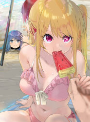 Rule 34 | 1other, 3girls, arima kana, arm support, bare shoulders, beach, bikini, blonde hair, blue eyes, blue hair, blurry, blush, bob cut, bow, breasts, buried, closed mouth, collarbone, commentary, day, depth of field, food, frilled bikini, frills, funi mu9, hair between eyes, highres, hoshino ruby, inverted bob, kurokawa akane, large breasts, long hair, looking at viewer, medium hair, mismatched pupils, multiple girls, navel, no pupils, one side up, oshi no ko, outdoors, pink bikini, pink eyes, popsicle, pout, pov, red hair, sidelocks, sitting, star-shaped pupils, star (symbol), stomach, swimsuit, symbol-shaped pupils, watermelon bar, white bow
