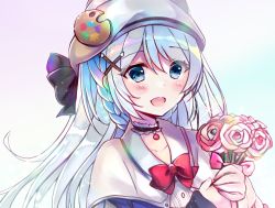 Rule 34 | 1girl, :d, a.i. chainer, bad id, bad pixiv id, beret, black bow, black choker, blue background, blue eyes, blush, bouquet, bow, bowtie, capelet, choker, collarbone, commentary request, flower, frilled choker, frills, gradient background, hair between eyes, hair ornament, hat, hat bow, hat ornament, holding, holding bouquet, long hair, long sleeves, looking away, minami saki, open mouth, paintschainer (software), palette hat ornament, pink flower, purple background, red bow, red bowtie, sidelocks, silver hair, smile, solo, very long hair, white capelet, white hat, x hair ornament