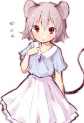 Rule 34 | 1girl, :o, akagashi hagane, animal ears, arm behind back, blush, buttons, diamond (shape), flying sweatdrops, frilled skirt, frills, grey hair, long skirt, mouse ears, mouse tail, nazrin, open mouth, red eyes, short hair, short sleeves, simple background, skirt, solo, tail, touhou, white background, white skirt