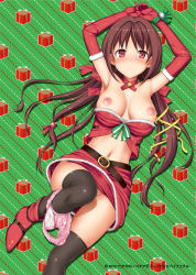 Rule 34 | 1girl, armpits, arms up, bare shoulders, black thighhighs, blush, boots, breasts, brown hair, censored, christmas, convenient censoring, elbow gloves, fur trim, gloves, highres, long hair, lying, midriff, navel, nipples, on back, panties, panties around leg, pink panties, red eyes, red gloves, santa costume, shiny skin, skirt, smile, solo, takayaki, thighhighs, top pull, underwear, watermark