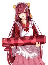 Rule 34 | 1girl, absurdres, alternate costume, apron, bow, efuri (riarea00), hair bow, highres, japanese clothes, kamikaze (kancolle), kantai collection, kimono, long hair, looking at viewer, maid apron, maid headdress, pink skirt, purple eyes, purple hair, skirt, solo, very long hair, white background, yellow bow