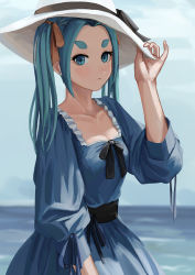 Rule 34 | 1girl, absurdres, adjusting clothes, adjusting headwear, aqua eyes, aqua hair, black ribbon, blue dress, blue sky, bow, breasts, cleavage, closed mouth, commentary, cowboy shot, dress, dress bow, earrings, frilled dress, frills, hat, hat ribbon, highres, jewelry, long hair, long sleeves, looking at viewer, medium breasts, monogatari (series), nemo ringo, ocean, ononoki yotsugi, outdoors, parted bangs, puffy long sleeves, puffy sleeves, ribbon, sky, solo, standing, symbol-only commentary, twintails, white hat