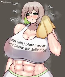 Rule 34 | 1girl, abs, blush, breasts, cleavage, clothes writing, colored inner hair, dot nose, english text, eyelashes, female focus, green eyes, green hair, grey background, half-closed eyes, heavy breathing, highres, holding rag, huge breasts, looking at viewer, midriff, multicolored hair, muscular, muscular female, navel, original, rag, shiny skin, short hair, solo, sports bra, steam, steaming body, sweat, white hair, zapklink