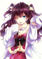 Rule 34 | 10s, 1girl, ;d, absurdres, blue eyes, blush, breasts, brown hair, cleavage, earrings, highres, ichinose shiki, idolmaster, idolmaster cinderella girls, jewelry, lab coat, long hair, looking at viewer, necklace, one eye closed, open mouth, simple background, skirt, sleeves past wrists, smile, solo, teru (bright), two side up, white background