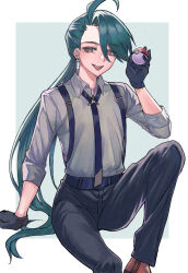 Rule 34 | 1girl, :d, ahoge, black gloves, black necktie, black pants, brown footwear, collared shirt, commentary request, creatures (company), earrings, game freak, gloves, green hair, grey shirt, hand up, highres, holding, holding poke ball, izumi (2476264), jewelry, long hair, looking at viewer, necktie, nintendo, open mouth, pants, poke ball, poke ball (basic), pokemon, pokemon sv, rika (pokemon), shirt, shoes, smile, solo, suspenders, teeth, tongue