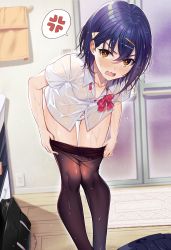 Rule 34 | 1girl, absurdres, anger vein, black hair, black pantyhose, bow, bowtie, bra visible through clothes, dutch angle, hair ornament, hairclip, highres, indoors, leaning forward, looking at viewer, moe2022, open mouth, original, panties, pantyhose, removing legwear, rumeha (aormsj22), see-through, shirt, underwear, wet, wet clothes, white panties, white shirt, yellow eyes