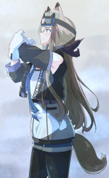 Rule 34 | 1girl, absurdres, animal ears, arknights, armpits, arms up, black pantyhose, black vest, blue necktie, blue shirt, blush, brown hair, cardigan (arknights), closed mouth, cowboy shot, cropped vest, detached sleeves, dog ears, dog girl, dog tail, from side, gloves, goggles, goggles on head, gradient background, grey background, highres, pantyhose under shorts, long hair, long sleeves, motsupu, multicolored hair, necktie, pantyhose, profile, purple eyes, shirt, short shorts, shorts, solo, streaked hair, stretching, tail, very long hair, vest, white gloves
