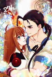 1boy 1girl artist_name black_hair blue_eyes blue_flower collarbone couple eebe elhaym_van_houten fei_fong_wong flower hetero highres hug long_hair looking_at_another low_ponytail orange_hair ponytail shirt smile twitter_username watermark white_shirt xenogears