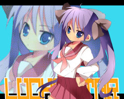 Rule 34 | 00s, 1girl, blue background, cowboy shot, hands on own hips, hiiragi kagami, long hair, long sleeves, looking at viewer, lucky star, pleated skirt, red skirt, sailor collar, school uniform, serafuku, shiratama shima, simple background, skirt, solo, twintails