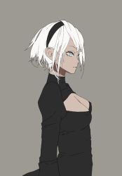 Rule 34 | 1girl, black dress, black hairband, blue eyes, breasts, cleavage, cleavage cutout, closed mouth, clothing cutout, d.k, dress, hairband, nier (series), nier:automata, short hair, simple background, solo, white hair, 2b (nier:automata)