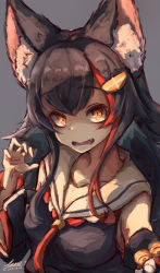 Rule 34 | 1girl, absurdres, animal ear fluff, animal ears, bell, black hair, black shirt, black sleeves, claw pose, dated, detached sleeves, evil smile, flipped hair, grey background, hair ornament, hairclip, highres, hololive, inre kemomimi, jingle bell, kouhaku nawa, long hair, looking at viewer, multicolored hair, neckerchief, ookami mio, ookami mio (1st costume), open mouth, red neckerchief, rope, sailor collar, sailor shirt, shaded face, shimenawa, shirt, sidelocks, signature, simple background, sleeveless, smile, solo, upper body, very long hair, virtual youtuber, wolf ears, yellow eyes