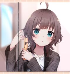 Rule 34 | 1girl, ahoge, aqua eyes, bear necklace, blurry, blurry background, blush, brown hair, brown jacket, chestnut mouth, comb, commentary, hanazome uta, highres, holding, holding comb, hololive, indoors, jacket, long sleeves, looking at mirror, medium hair, mirror, natsuiro matsuri, natsuiro matsuri (street casual), official alternate costume, official alternate hairstyle, open clothes, open jacket, plaid, plaid jacket, reflection, shirt, solo, tile wall, tiles, upper body, virtual youtuber, white shirt