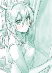 Rule 34 | 10s, 1girl, alternate costume, blush, closed mouth, collarbone, commentary, curtain grab, curtains, from side, hair between eyes, hair over shoulder, hair ribbon, highres, indoors, kantai collection, long hair, looking at viewer, monochrome, rain, ribbon, sad, sidelocks, sleeveless, solo, spaghetti strap, tone (kancolle), twintails, upper body, window, wooden floor, yami (m31)