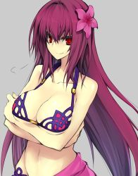 Rule 34 | 10mo, 1girl, bikini, breasts, cleavage, collarbone, crossed arms, fate/grand order, fate (series), flower, hair flower, hair ornament, jewelry, large breasts, long hair, looking at viewer, navel, purple hair, red eyes, sarong, scathach (fate), scathach (fate), scathach (swimsuit assassin) (fate), simple background, smile, solo, swimsuit