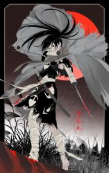Rule 34 | 1boy, amputee, bandaged leg, bandages, barefoot, black hair, blade, blood, bloody weapon, border, brown scarf, cloak, dororo (tezuka), eyeshadow, grass, grey cloak, highres, hyakkimaru (dororo), katana, long hair, makeup, male focus, moon, mouth hold, night, night sky, nkvoop, outdoors, patterned, patterned clothing, pink eyeshadow, plant, prosthesis, prosthetic arm, red moon, scabbard, scarf, sheath, sheathed, sky, solo, standing, sword, torn, torn cloak, torn clothes, weapon