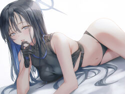 Rule 34 | 1girl, ass, black hair, black panties, black shirt, blue archive, blue hair, blue halo, blush, breasts, colored inner hair, commentary, grey eyes, halo, highres, long hair, looking at viewer, medium breasts, moda (mo da 3), multicolored hair, navel, open mouth, panties, saori (blue archive), shirt, simple background, sleeveless, sleeveless shirt, solo, underwear, white background