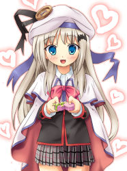 Rule 34 | 1girl, blonde hair, blue eyes, bow, box, cape, chocolate, fang, hat, heart, homing (areya), little busters!, long hair, noumi kudryavka, pink bow, plaid, plaid skirt, school uniform, skirt, solo, valentine