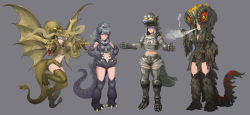 Rule 34 | 4girls, black hair, blonde hair, blue eyes, cigarette, claws, colored sclera, cosplay, extra eyes, fingerless gloves, frown, gloves, godzilla, godzilla (series), grey background, hands on own hips, hedorah, highres, kaijuu, king ghidorah, long hair, machinery, md5 mismatch, mechagodzilla, monster, multiple girls, navel, orange eyes, outstretched arms, personification, purple hair, red sclera, resolution mismatch, scales, short hair, simple background, smirk, smoke, smoking, source smaller, spread arms, standing, tail, urasato, wavy mouth, wings