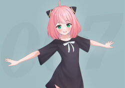 Rule 34 | 1girl, :d, ahoge, anya (spy x family), artist name, black dress, collarbone, cone hair bun, dress, green eyes, grey background, hair bun, highres, long hair, looking at viewer, meyrink, open mouth, outstretched arms, pink hair, short dress, smile, solo, spy x family