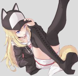 Rule 34 | 1girl, bad id, bad pixiv id, baseball cap, black jacket, black thighhighs, blonde hair, blue eyes, boots, choker, cross-laced footwear, dog tail, fang, foot out of frame, hand in pocket, hat, hat with ears, highres, hood, hood down, hoodie, jacket, kmnz, lace-up boots, long hair, long sleeves, mc lita, nail polish, open mouth, platform boots, platform footwear, solo, suu2510, tail, thigh boots, thighhighs, virtual youtuber