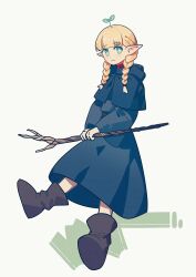 Rule 34 | 1girl, absurdres, black footwear, blonde hair, blue capelet, blunt bangs, boots, braid, capelet, choker, closed mouth, dress, dungeon meshi, elf, full body, ganezugarrrrr, green eyes, hair over shoulder, highres, holding, holding staff, hood, hood down, hooded capelet, long hair, long sleeves, looking at viewer, marcille donato, pointy ears, robe, simple background, smile, solo, staff, twin braids, white background