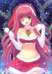 Rule 34 | 1girl, absurdres, ahoge, bare shoulders, between breasts, blue eyes, blush, bow, breasts, choker, christmas, christmas tree, cleavage, collarbone, elbow gloves, gift, gloves, hat, highres, large breasts, long hair, looking at viewer, midriff, navel, nishimata aoi, one eye closed, open mouth, original, pointing, red hair, santa costume, santa hat, sekai seifuku kanojo, skirt, snow, snowing, solo, white gloves, wink, yamino yumeko
