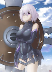 Rule 34 | 1girl, akatsuki (mp31097), armor, bare shoulders, breast hold, breasts, covered erect nipples, cowboy shot, elbow gloves, fate/grand order, fate (series), faulds, from side, gloves, hair over one eye, halterneck, hand on own thigh, legs apart, leotard, light purple hair, mash kyrielight, medium breasts, outdoors, petals, purple eyes, short hair, skin tight, solo, thigh strap, weapon