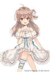 Rule 34 | 1girl, ahoge, bad id, bad pixiv id, blue ribbon, brown hair, character request, collarbone, commentary, detached sleeves, dress, flower, flower wreath, frilled dress, frills, hair bun, hair ribbon, hand up, head wreath, laurelfalcon, long hair, official art, one side up, pink flower, puffy short sleeves, puffy sleeves, ribbon, short sleeves, sid story, side bun, simple background, single hair bun, single side bun, sitting, sleeveless, sleeveless dress, solo, watermark, white background, white dress, white ribbon, white sleeves