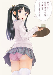 Rule 34 | 1girl, black hair, blush, chitose yui, dated, hair ribbon, highres, long hair, open mouth, panties, pantyshot, plaid, plaid panties, ribbon, school girl strikers, simple background, skindentation, skirt, solo, standing, sunsun69, sweater, thighhighs, underwear, white sweater, white thighhighs