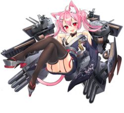 Rule 34 | 1girl, ahoge, alternate costume, animal ear fluff, animal ears, asagi yuna, azur lane, bare shoulders, bell, black thighhighs, blush, breasts, bug, butterfly, cat ears, cleavage, collarbone, expressions, fang, floral print, full body, garter straps, hair between eyes, hair ornament, hairclip, hatsushimo (azur lane), hatsushimo (retrofit) (azur lane), highres, insect, japanese clothes, jingle bell, kimono, long hair, long sleeves, looking at viewer, machinery, multiple views, official art, open mouth, paw pose, pink hair, platform clogs, red eyes, ribbon, short kimono, small breasts, smile, solo, tail, thighhighs, torpedo tubes, transparent background, turret, wide sleeves