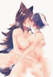 Rule 34 | 2girls, age difference, animal ears, black hair, blush, breasts, brown hair, closed eyes, collarbone, completely nude, cuddling, fingering, flat chest, highres, imaizumi kagerou, inaba tewi, kiss, large breasts, long hair, multiple girls, mutual fingering, mutual masturbation, navel, nipples, nude, oettenaru, onee-loli, rabbit ears, rabbit girl, short hair, simple background, sweat, touhou, very long hair, white background, wolf ears, wolf girl, yuri