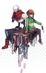 Rule 34 | 1boy, 1other, androgynous, armor, blush, brown hair, chara (undertale), gloves, knife, pantyhose under shorts, pantyhose, papyrus (undertale), red eyes, scarf, shirt, short hair, shorts, shousan (hno3syo), skeleton, smile, source request, striped, undertale