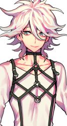 Rule 34 | 1boy, alternate costume, chest harness, closed mouth, collarbone, commentary request, danganronpa (series), danganronpa 2: goodbye despair, grey background, grey hair, hair between breasts, hair between eyes, harness, highres, komaeda nagito, looking at viewer, male focus, messy hair, o-ring, shirt, sideways glance, simple background, sin11111, smile, solo, upper body, white background, white shirt