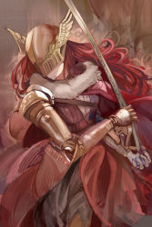 Rule 34 | 1girl, armor, cape, closed mouth, covered eyes, cowboy shot, dress, elden ring, helmet, helmet over eyes, holding, holding sword, holding weapon, long hair, malenia blade of miquella, mechanical arms, mujinbensin, prosthesis, prosthetic arm, red cape, red hair, single mechanical arm, solo, sword, very long hair, weapon, winged helmet